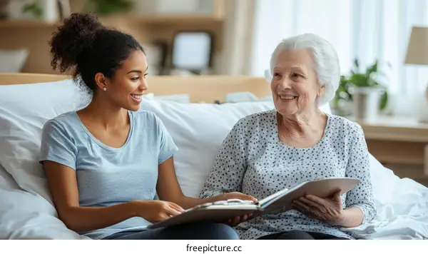 Caregiver and Senior Woman Connecting Through Shared Memories