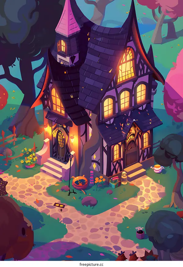 Fantasy Style House with Purple Roof and Yellow Windows at Night