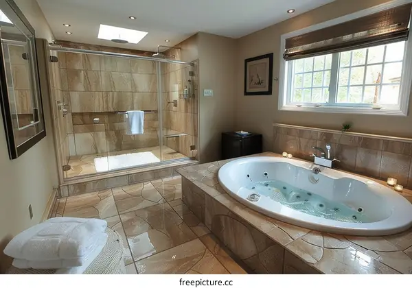 Luxurious Bathroom Interior with White Tiles and a Large Window