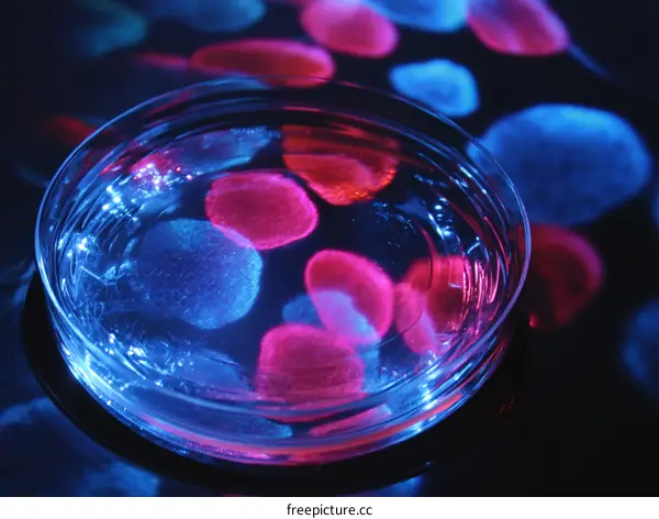 Colorful Petri Dish with Fluorescent Cells