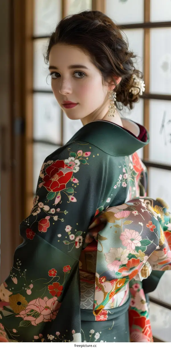 Portrait of a young woman wearing a kimono