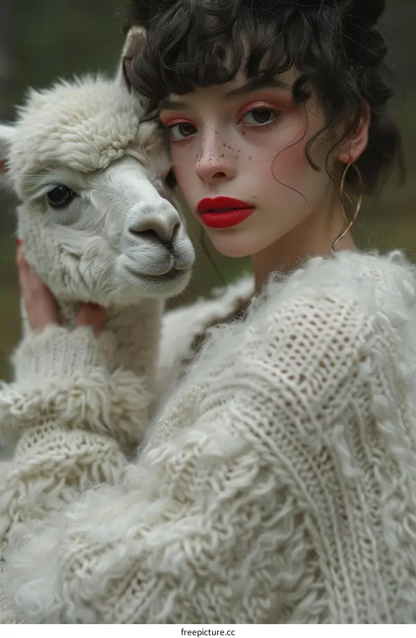 Curly brunette girl with freckles and red lipstick posing with a white llama