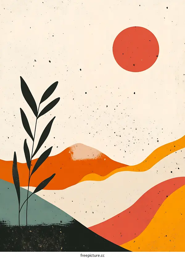 Abstract Minimalist Landscape Illustration with a Single Branch and a Big Sun