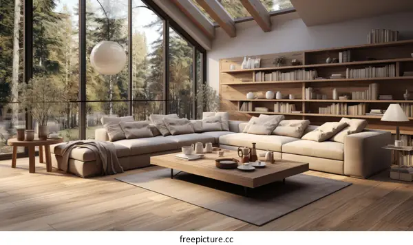 A cozy living room with a large sofa, coffee table, and bookshelf.