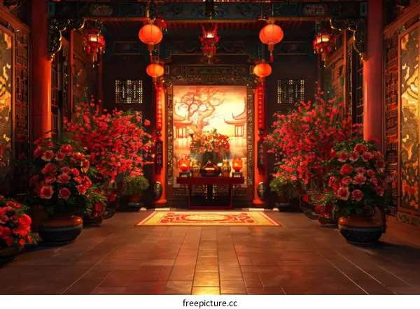 Chinese Courtyard with Red Lanterns and Flowers