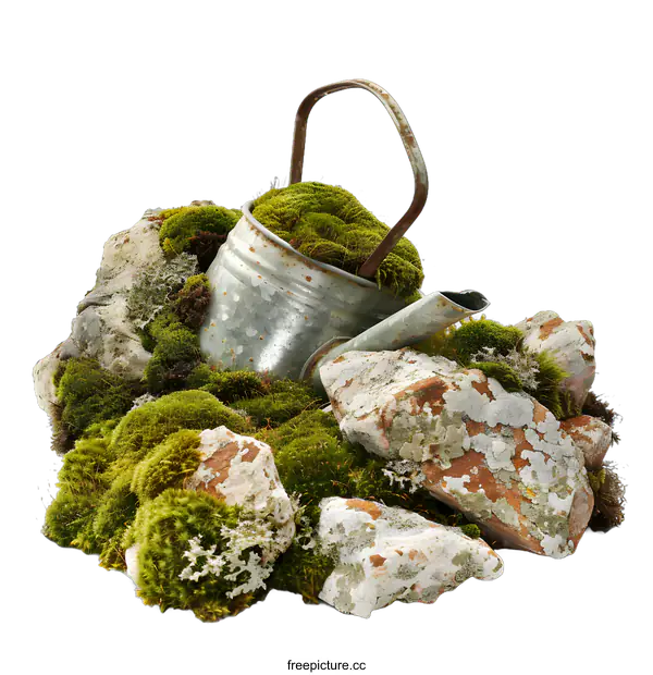 [Transparent Background PNG]Old Watering Can Covered with Moss on Rocks