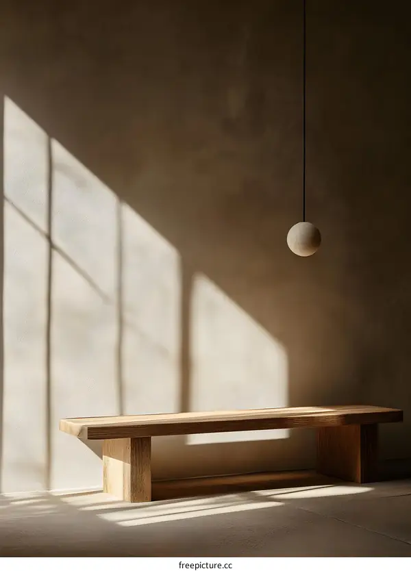 Minimalist Interior Design with Wooden Bench and Pendant Light