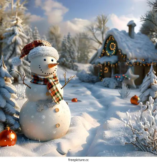 A snowman in a snowy forest