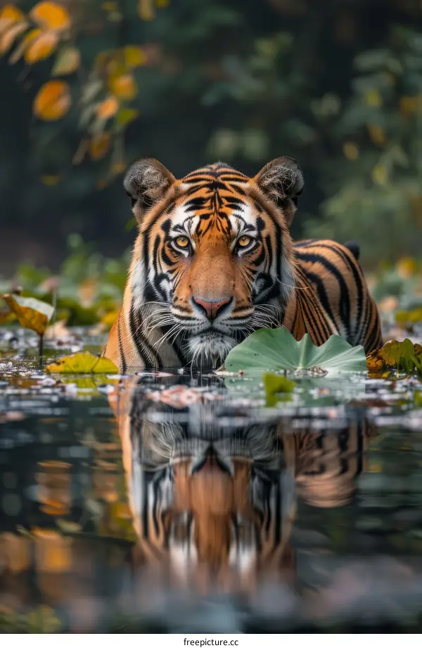 A tiger is reflected in the water with a lotus leaf in the foreground