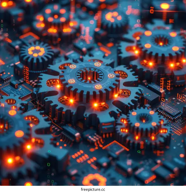 Glowing orange and blue gears on a circuit board