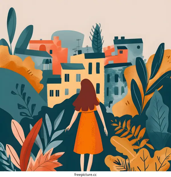 Woman Standing in a Cityscape with Colorful Buildings and Lush Greenery