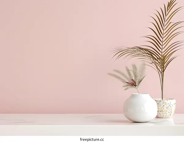 Minimalist White Vase with Dried Flowers on Pink Wall