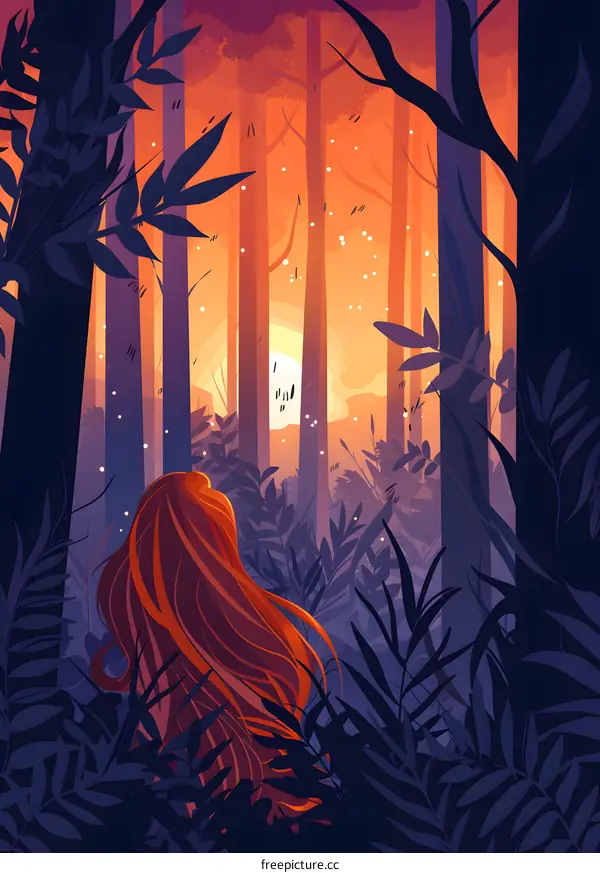 Woman Standing in a Forest with Sunset