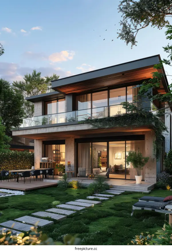 Modern House Exterior Design with Large Glass Windows and Terrace