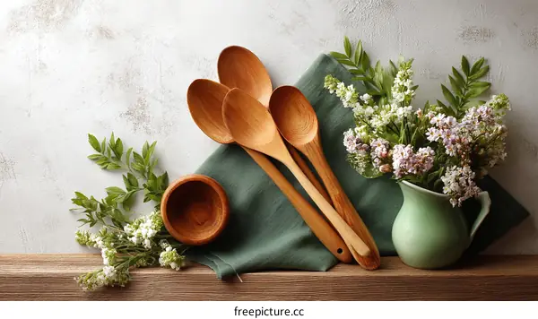 Wooden Utensils and Flowers Still Life Arrangement