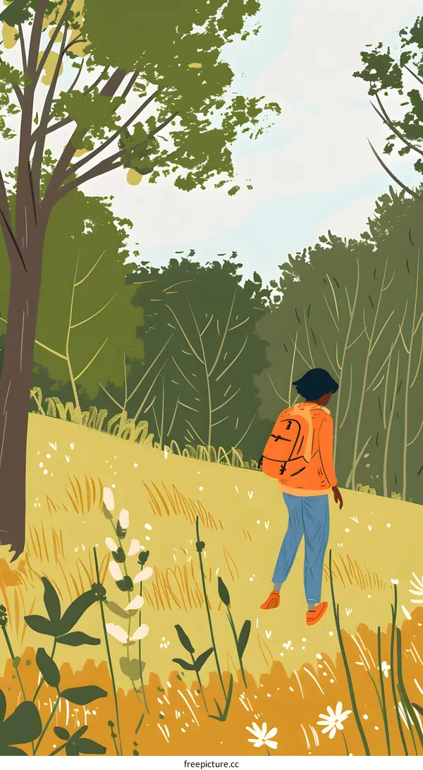 Woman Walking Through a Forest Illustration