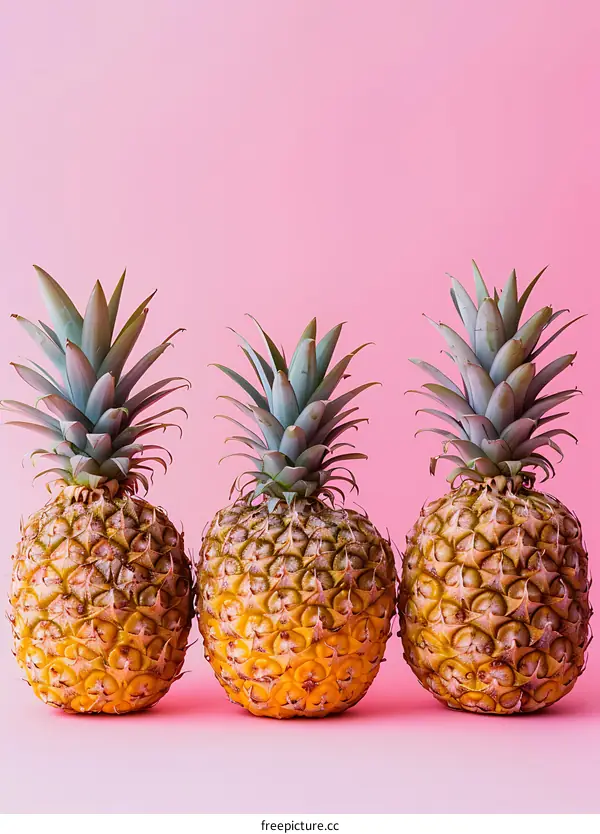 Three Fresh Yellow Pineapples on Pink Background
