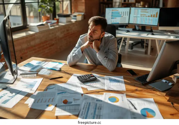 pensive businessman sitting at desk surrounded by paperwork