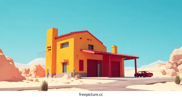 Yellow House in the Desert with Red Roof