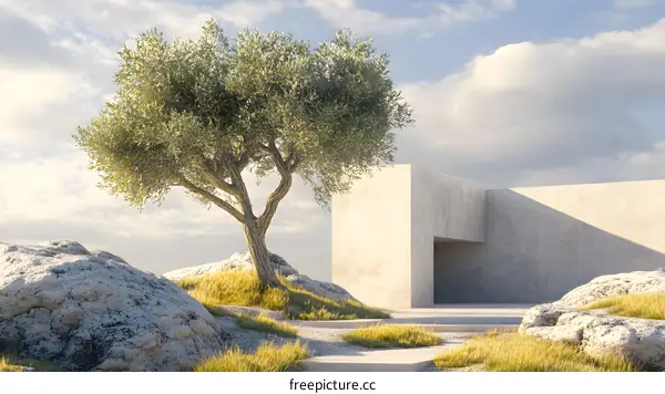 Minimalist Modern Architecture with Olive Tree and Rocks