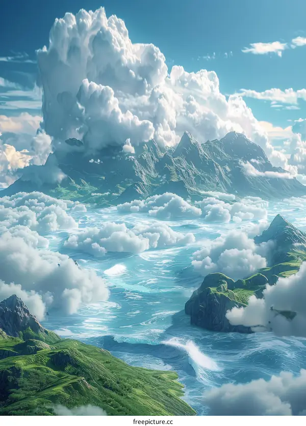 Fantasy landscape with floating islands and clouds
