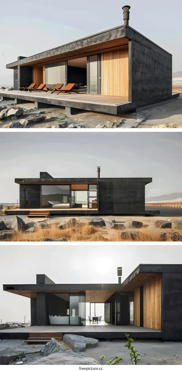 Modern Black Concrete House with Wooden Accents