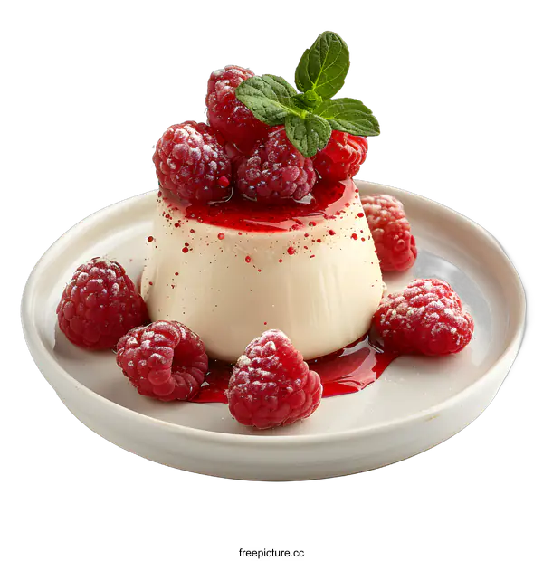 [Transparent Background PNG]Panna cotta with raspberries and mint