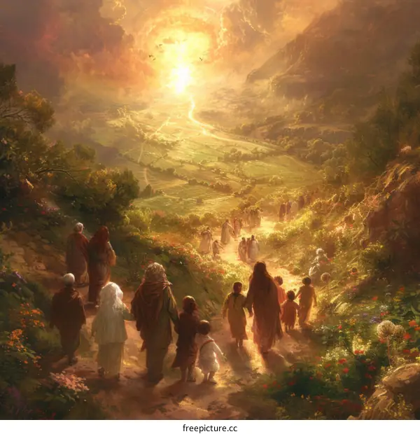 People walking on a path towards a bright light