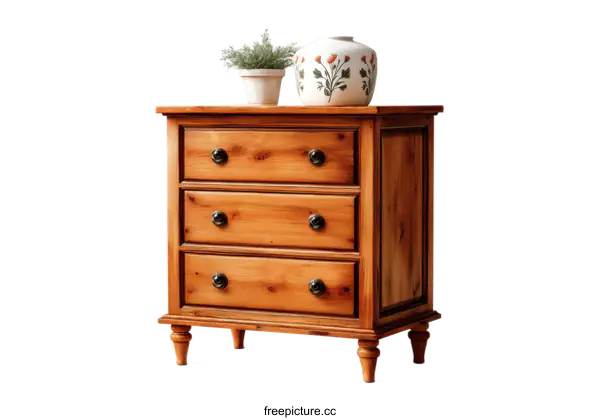 [Transparent Background PNG]Wooden Chest of Drawers with Decorative Vase