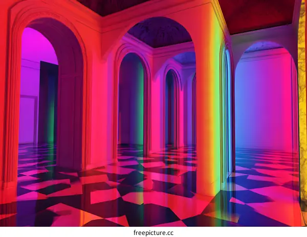 Abstract Rainbow Light Through Arches in a Hallway