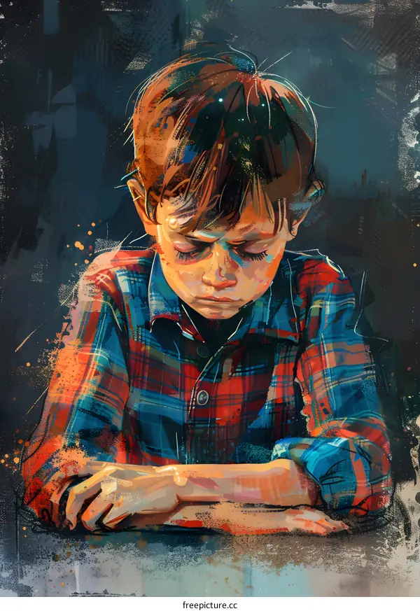 Portrait of a boy with red hair and freckles wearing a plaid shirt