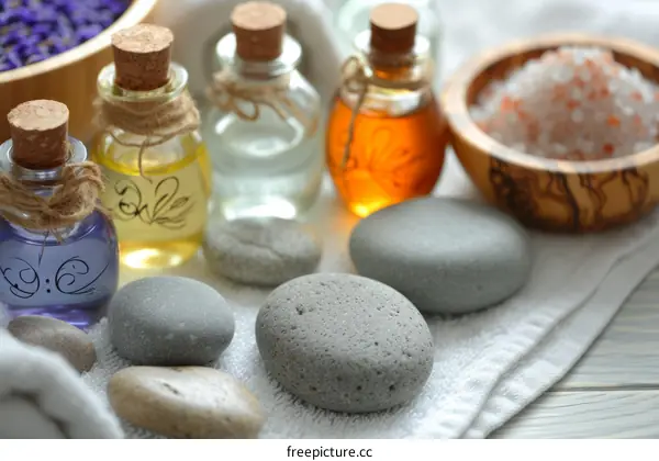 Spa and wellness setting with natural stones, massage oil and salt