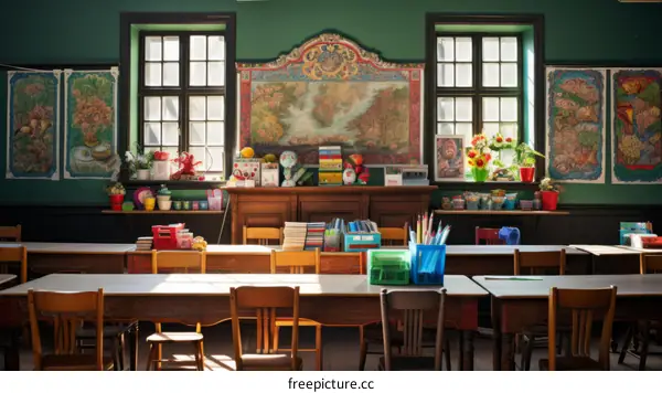 Classroom with wooden tables and chairs, a blackboard, and a world map