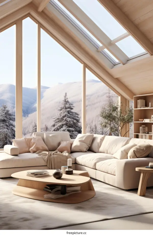 Cozy Living Room with Snowy Forest View