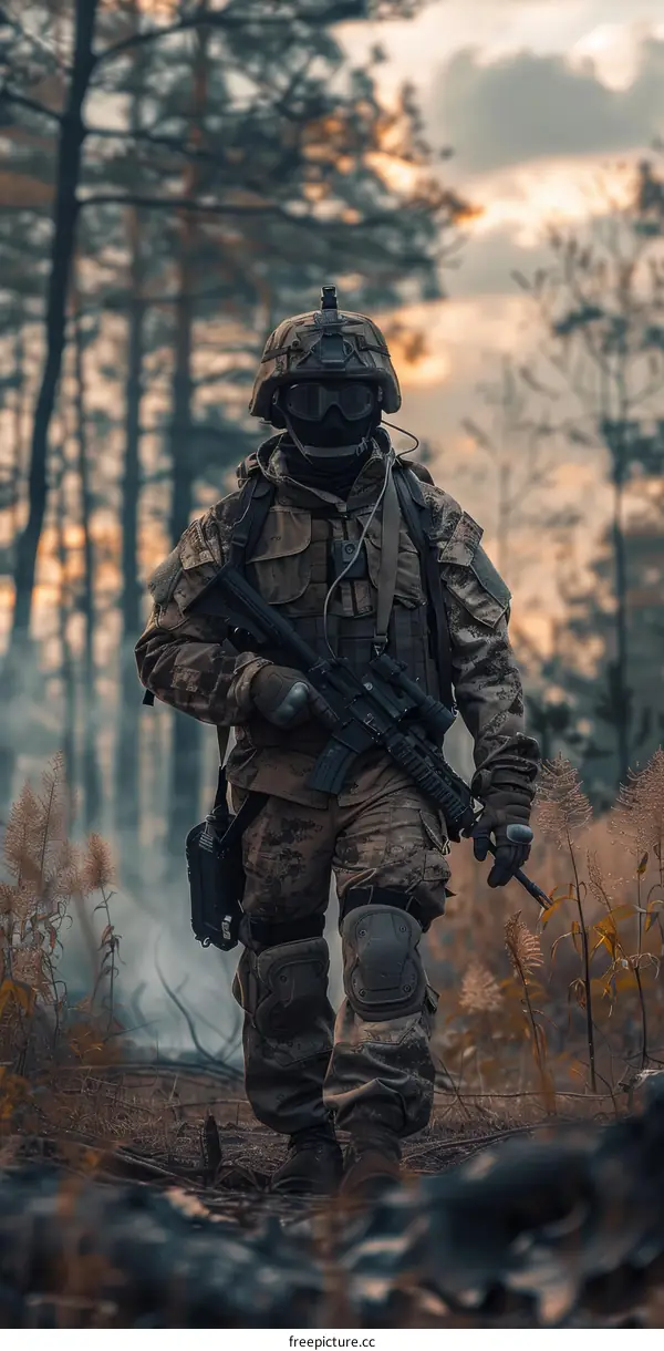 Soldier in the woods in full gear and carrying a rifle