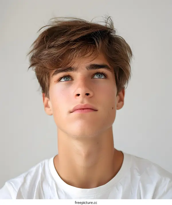 Portrait of a Young Man with Blue Eyes Looking Up
