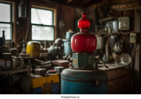A red lamp sits on a blue pressure tank in a cluttered workshop.
