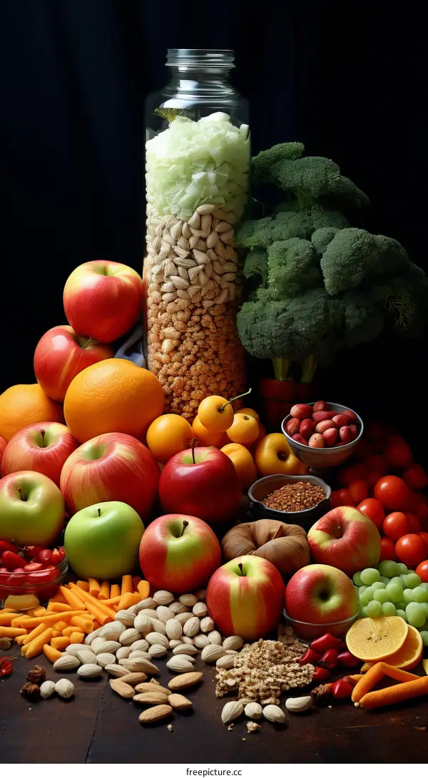 A variety of fruits and vegetables are arranged on a wooden table.