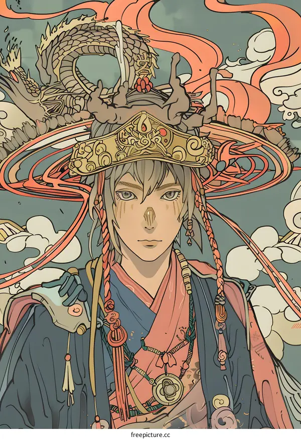 Dragon Head Crown Illustration of Man with Asian Ethnicity