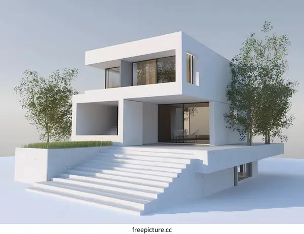 Modern White House with Stairs and Trees