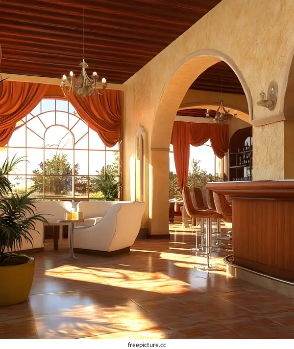 Elegant Interior Design with Arched Windows and Bar Area