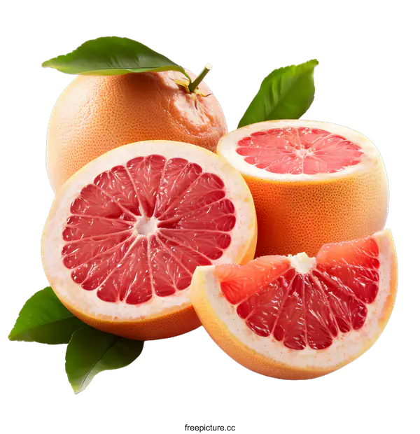 [Transparent Background PNG]Fresh Ripe Grapefruit with Green Leaves