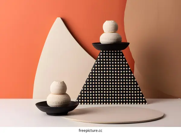 Abstract Still Life with Cream Colored Shapes and Black Polka Dot Pattern