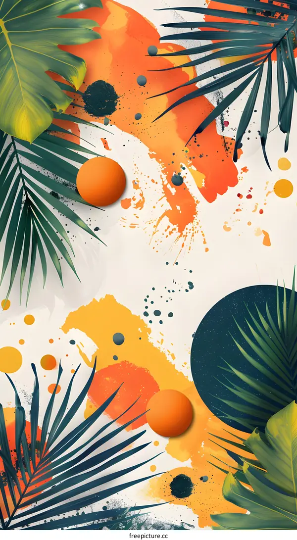 Tropical Leaves and Orange Circles Abstract Illustration