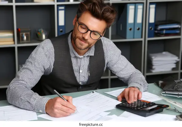 Businessman Calculating at Office Desk