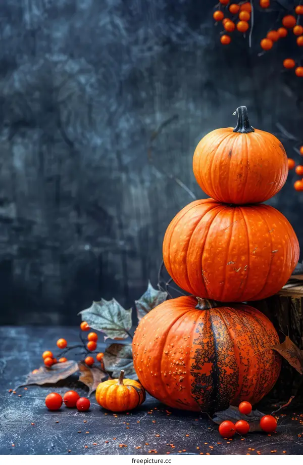Stack of pumpkins on a wooden stump with a dark blue background
