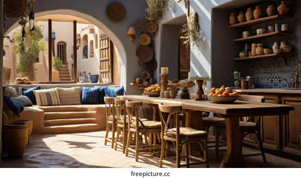 Spacious Middle Eastern courtyard with dining table and seating