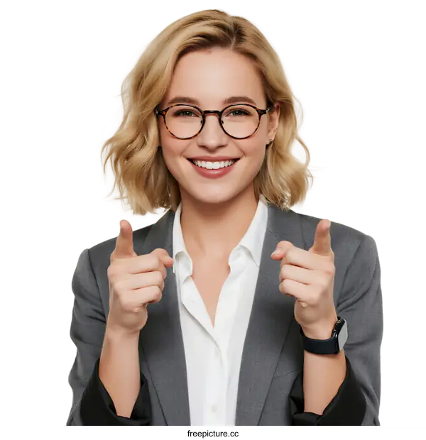 [Transparent Background PNG]Professional business woman pointing with both hands in a confident manner