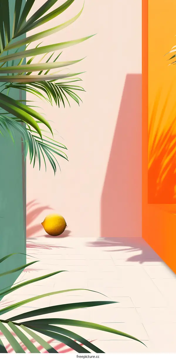Tropical Minimalist Illustration with Lemon and Palm Leaves