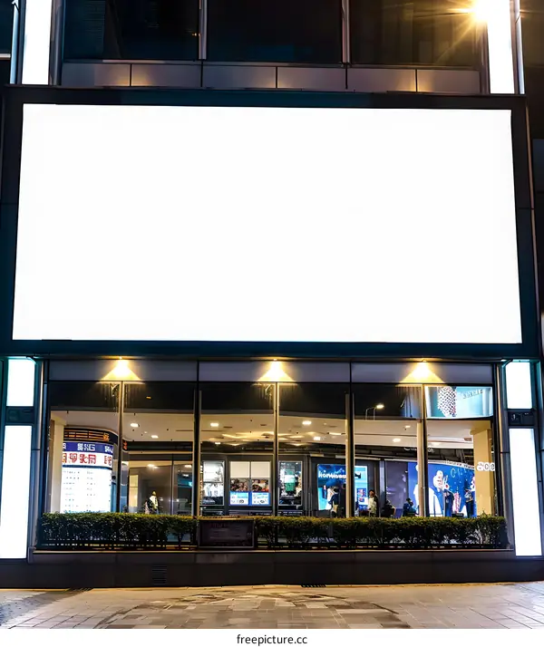Blank Billboard on Building Facade in Urban Setting at Night